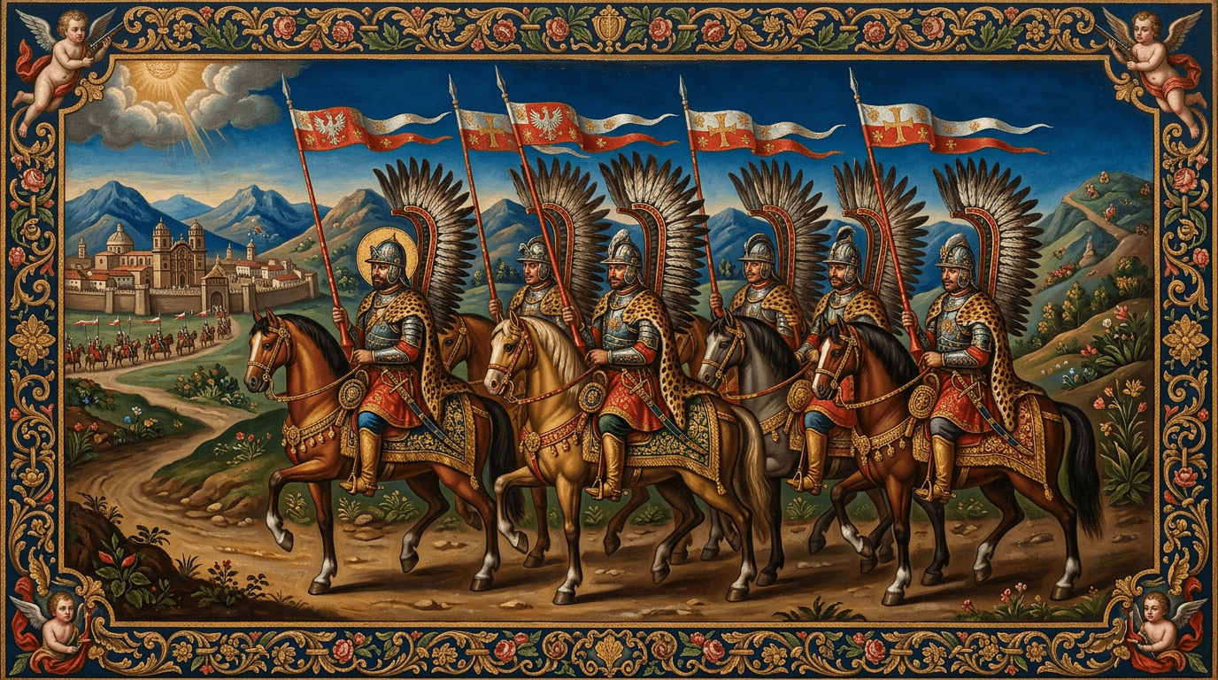 Cusqueño-style painting of winged hussar cavalry in formation